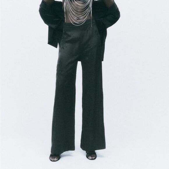 Zara Satin Wide Embroidered Pants New - Picture 9 of 9